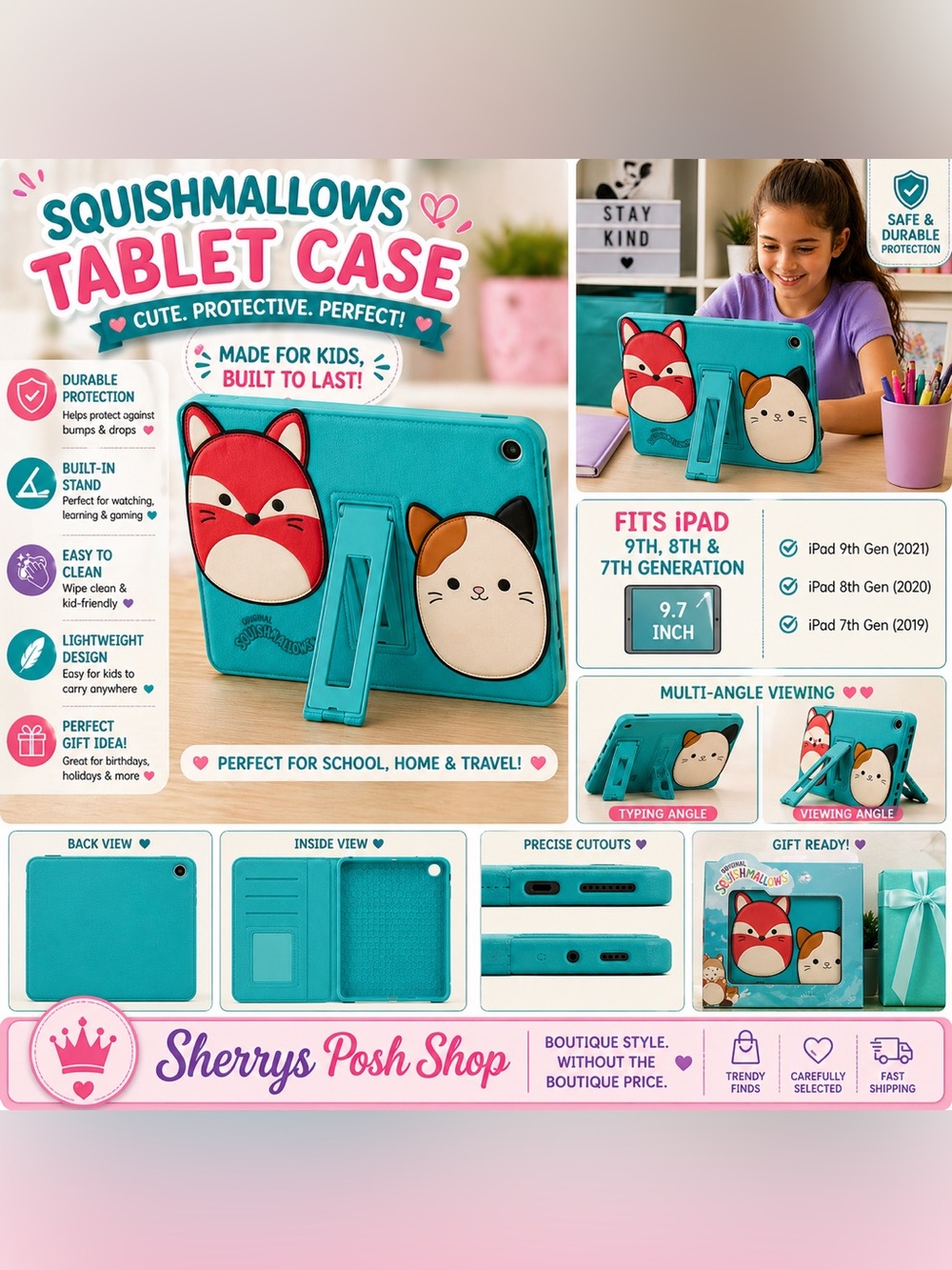 Squishmallows iPad Case Kids Tablet Cover 7th 8th 9th Gen Teal Stand NWT